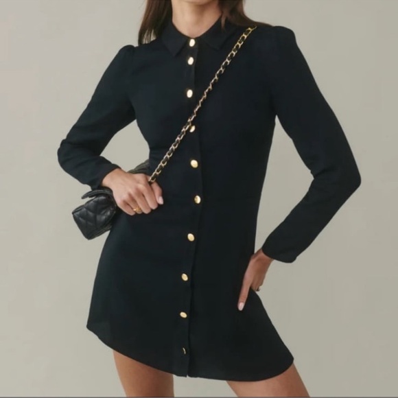 Reformation Dresses & Skirts - Reformation Hugh Black Collared Long Sleeve Mini Dress Gold Button Sz 2